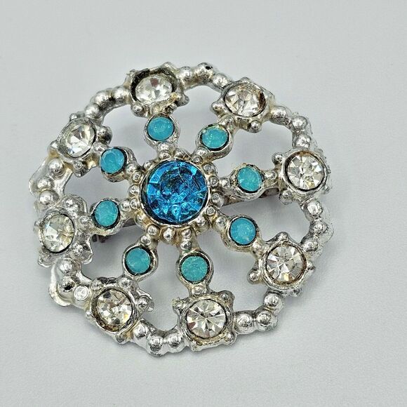 Ice Blue Brooch Vintage Round Jeweled Statement Open Circle  Estate Jewelry Pin - Picture 8 of 8
